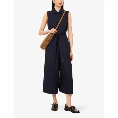Me And Em And Em Womens Navy Sleeveless Cropped Linen-blend Jumpsuit
