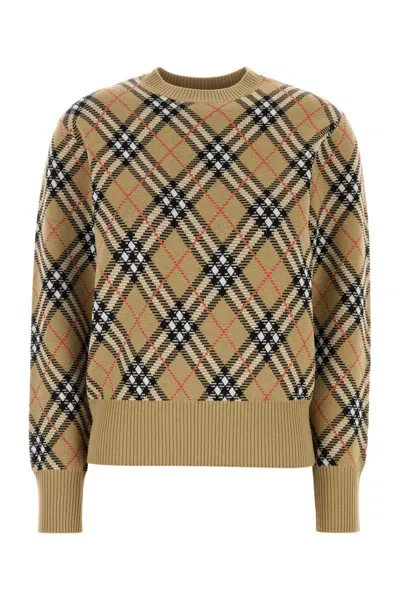 Burberry Wool Blend Sweater With Embroidered Check Pattern In Brown