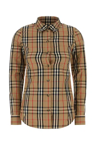Burberry Cotton Shirt With Embroidered Check Pattern In Brown
