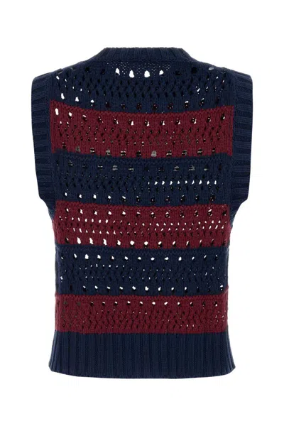 Ganni Striped Openwork Vest With Logo Inlay In Blue