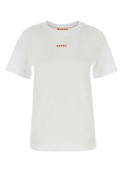 Marni White Crewneck T-shirt With Logo Patch On The Front In Cotton Woman