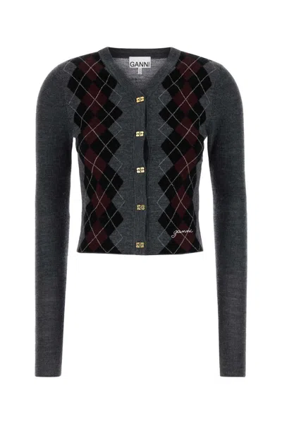 Ganni Grey Sweater With Classic Collar And Check Motif On The Front In Wool Woman
