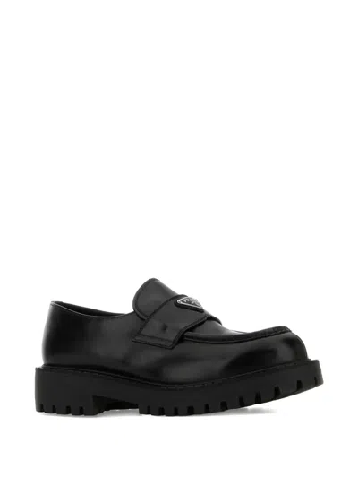 Prada Polished Black Leather Loafers With Chunky Rubber Sole In Black
