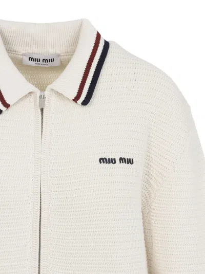 Miu Miu Cotton Cardigan Stripes Detail In Neutral