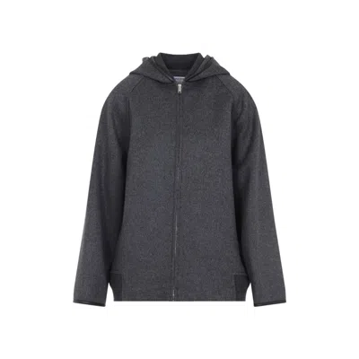 Bottega Veneta Wool Jacket With Hood And Leather Trim In Black
