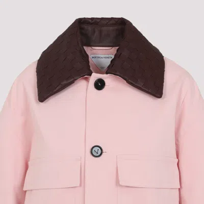 Bottega Veneta Cotton Twill Crop Jacket With Removable Intrecciato Leather Collar In Pink