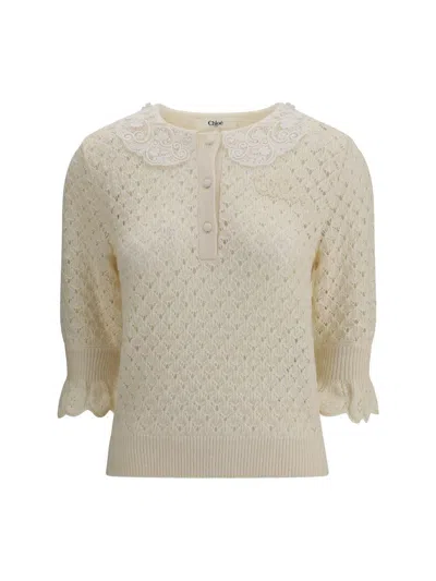 Chloé Pointelle Knit Sweaters And Cardigans White In Yellow