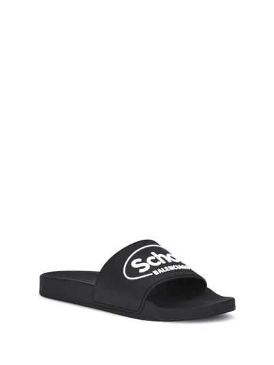 Balenciaga X Scholl Logo Pool Slides In Black