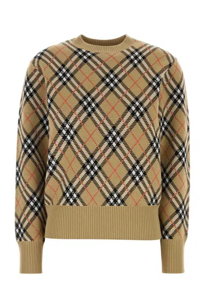Burberry Wool Blend Sweater With Embroidered Check Pattern In Brown