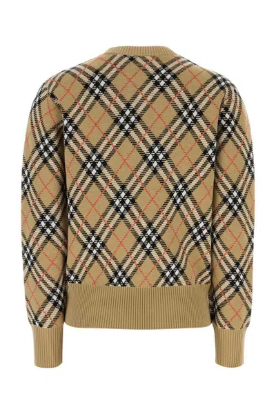 Burberry Wool Blend Sweater With Embroidered Check Pattern In Brown