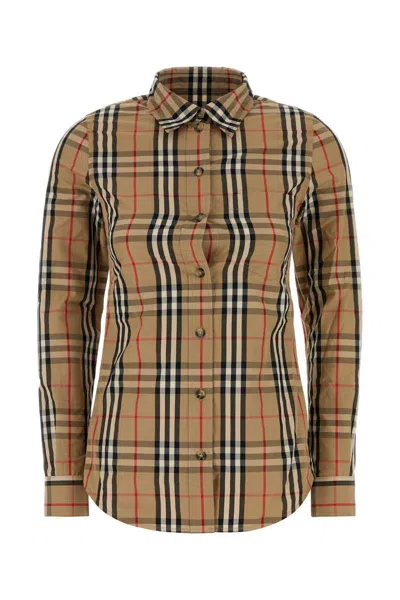 Burberry Cotton Shirt With Embroidered Check Pattern In Brown