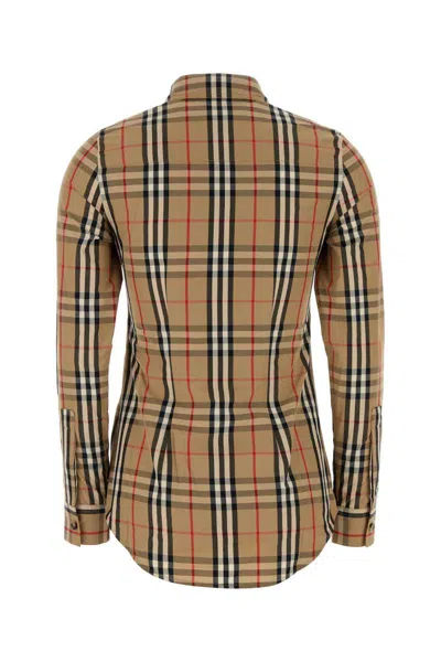 Burberry Cotton Shirt With Embroidered Check Pattern In Brown