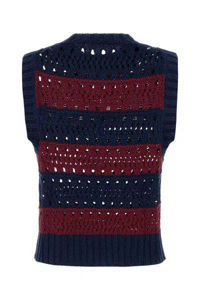 Ganni Striped Openwork Vest With Logo Inlay In Blue