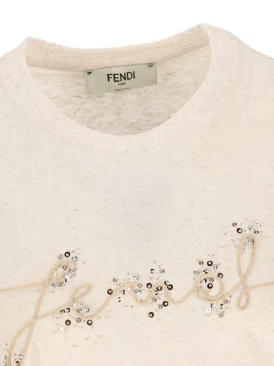 Fendi Linen And Cotton T-shirt In Neutral