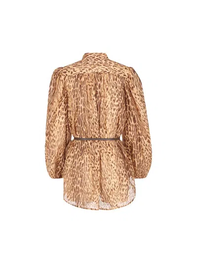 Zimmermann Cascadian Beige Tunic Dress With Stand-up Collar And All-over Leopard Print In Linen Woman