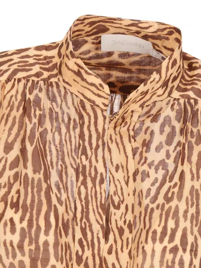 Zimmermann Cascadian Beige Tunic Dress With Stand-up Collar And All-over Leopard Print In Linen Woman