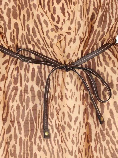 Zimmermann Cascadian Beige Tunic Dress With Stand-up Collar And All-over Leopard Print In Linen Woman