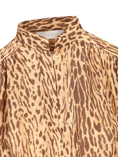 Zimmermann Cascadian Beige Tunic Dress With Stand-up Collar And All-over Leopard Print In Linen Woman In Neutral