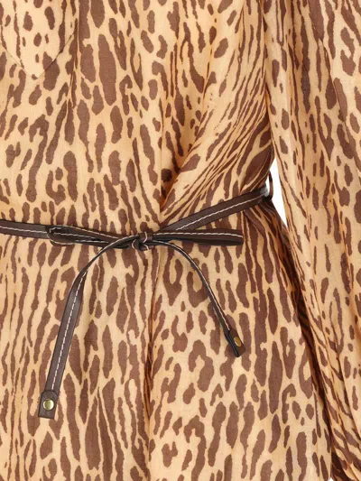 Zimmermann Cascadian Beige Tunic Dress With Stand-up Collar And All-over Leopard Print In Linen Woman In Neutral