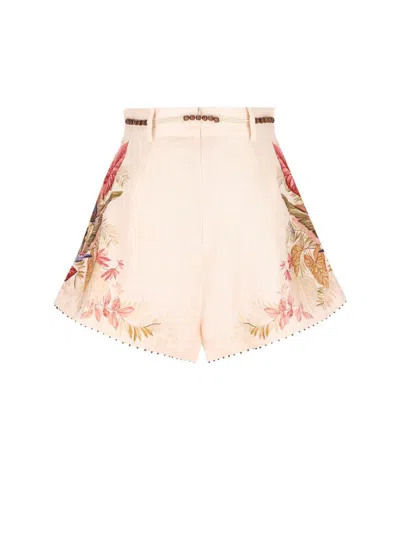 Zimmermann Ascension Belted Bead-embellished Floral-print Linen Shorts In Pink