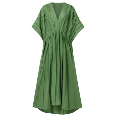 Kargede Women's Olive Green Linen Kaftan Dress - Pleated Designer Caftan