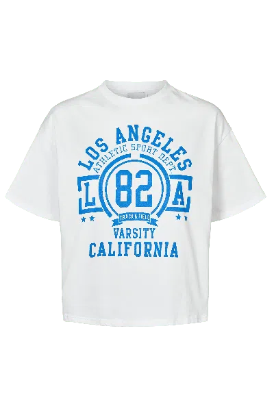 Americandreams Women's T-shirt Cropped White La California Cotton Tee W/sky Blue Letters