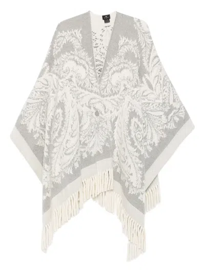 Etro Paisley-pattern Fringed Poncho In Gray