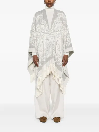 Etro Paisley-pattern Fringed Poncho In Gray