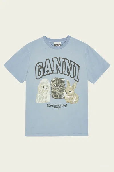 Ganni Light Blue Crewneck T-shirt With Maxi Logo On The Front In Blue