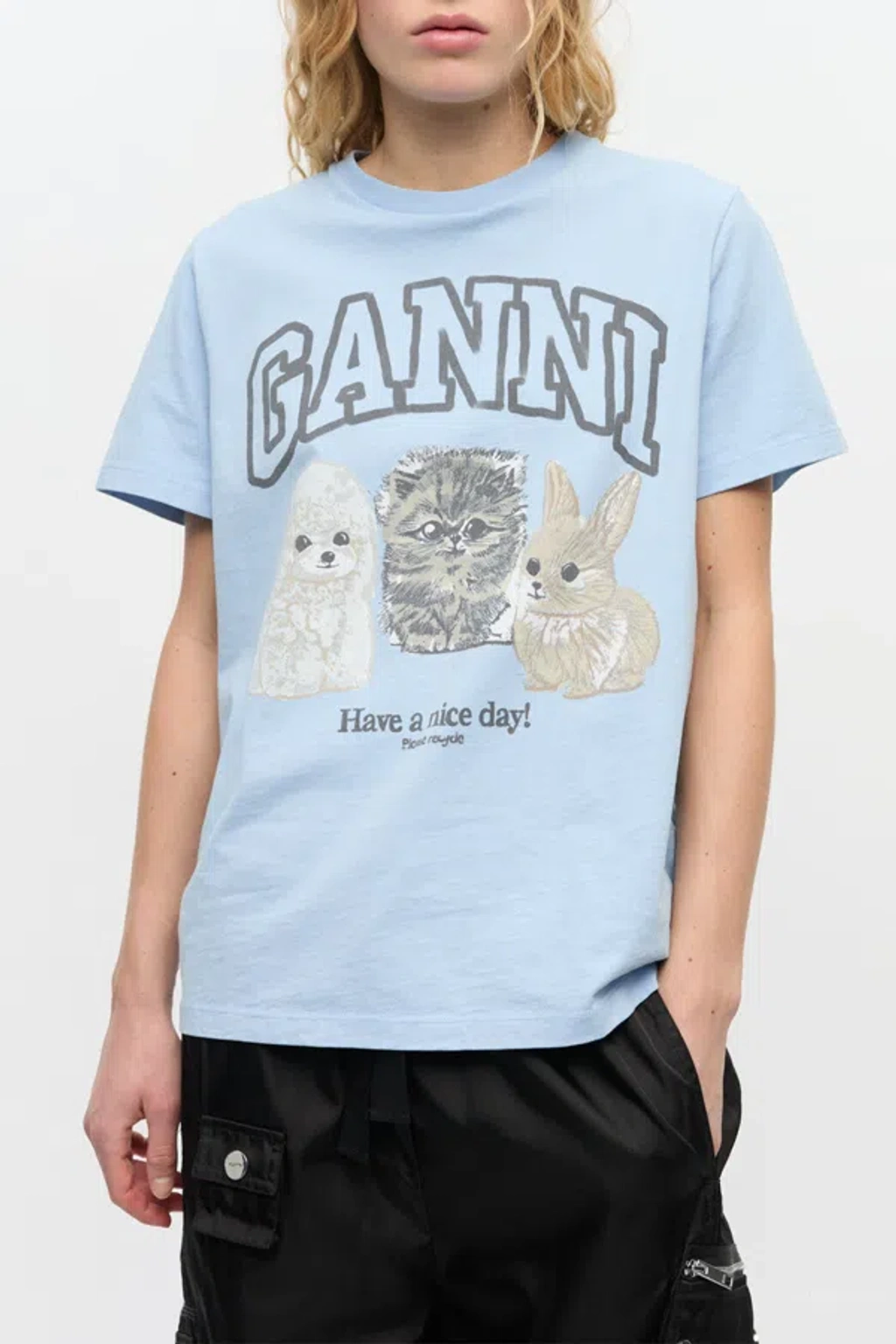 Ganni ガニー Light Blue Crewneck T-Shirt with Maxi Logo Ganni Light Blue Crewneck T-shirt With Maxi Logo On The