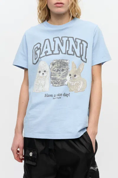 Ganni Light Blue Crewneck T-shirt With Maxi Logo On The Front In Blue