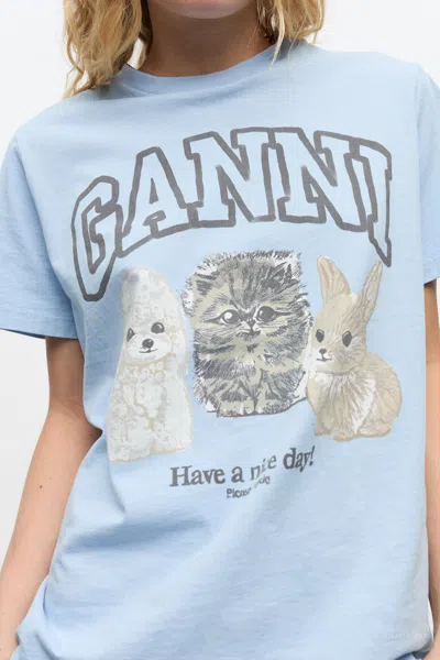 Ganni Light Blue Crewneck T-shirt With Maxi Logo On The Front In Blue