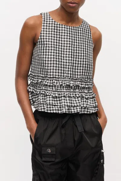 Ganni Crinkled Check Frill Top In Black