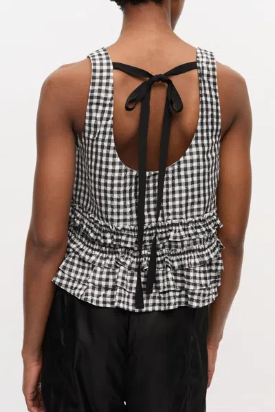 Ganni Crinkled Check Frill Top In Black