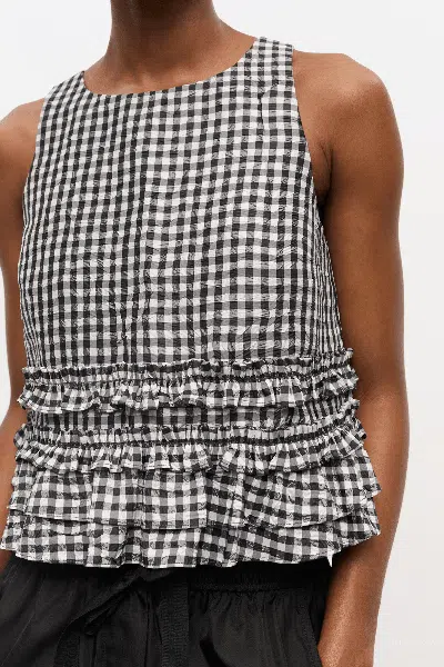 Ganni Crinkled Check Frill Top In Black