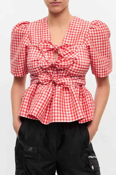 Ganni Bow-detailed Gingham Crinkled-taffeta Peplum Blouse