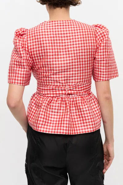 Ganni Bow-detailed Gingham Crinkled-taffeta Peplum Blouse