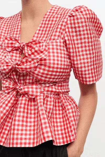 Ganni Bow-detailed Gingham Crinkled-taffeta Peplum Blouse