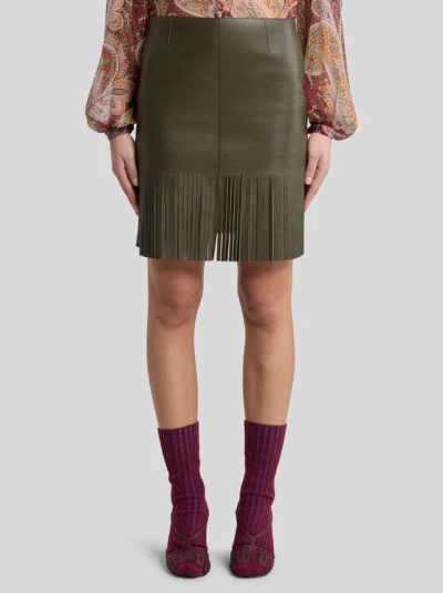 Etro , Leather Skirt With Fringing, Woman, Dark Green, Size 38