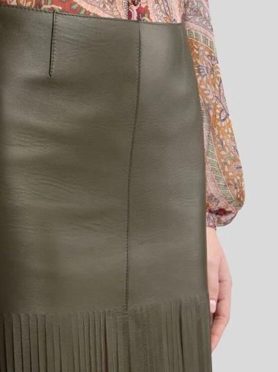 Etro , Leather Skirt With Fringing, Woman, Dark Green, Size 38