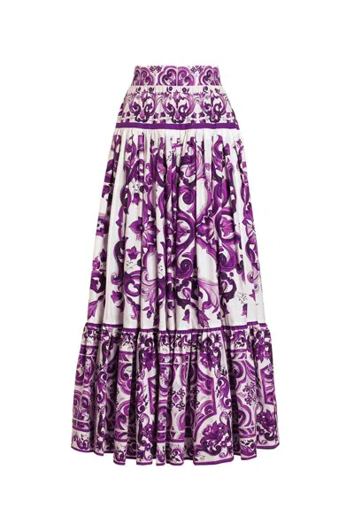 Dolce & Gabbana Violet Long Skirt With Ruffle Hem And All-over Floral Motif In Cotton Woman In Purple