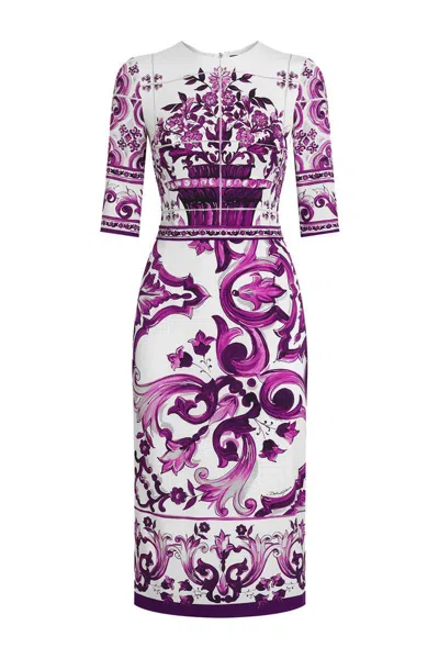 Dolce & Gabbana Violet Crewneck Dress With Rear Zip Closure And All-over Floral Print In Silk Stretch Woman In Purple
