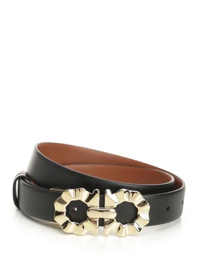 Ferragamo Flower Gancino Reversible And Adjustable Belt 2,5cm In Black