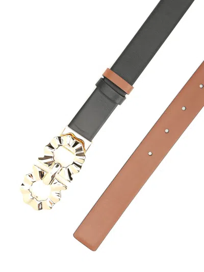Ferragamo Flower Gancino Reversible And Adjustable Belt 2,5cm In Black