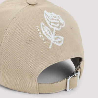 Marni Graphic Embroidered Cotton Canvas Hat In Neutral