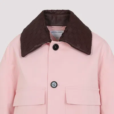 Bottega Veneta Cotton Twill Crop Jacket With Removable Intrecciato Leather Collar In Pink