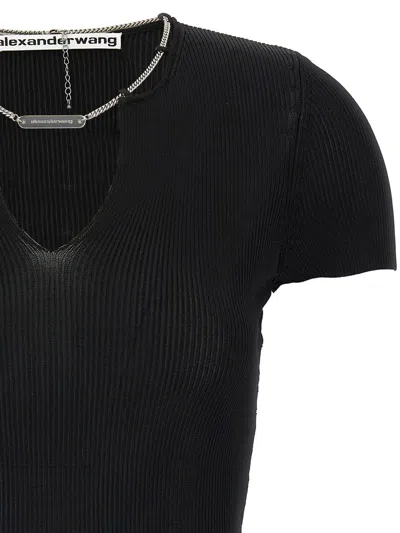Alexander Wang Ribbed Texture V Neck Chain Detail Top In Black