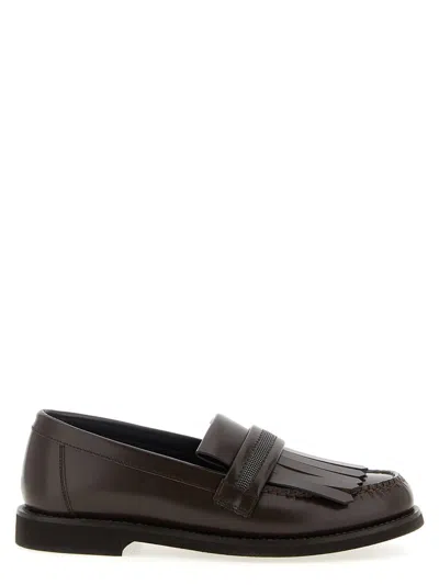 Brunello Cucinelli Leather Loafers Featuring Fringe Detail In Brown