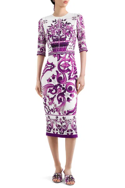 Dolce & Gabbana Violet Crewneck Dress With Rear Zip Closure And All-over Floral Print In Silk Stretch Woman In Purple