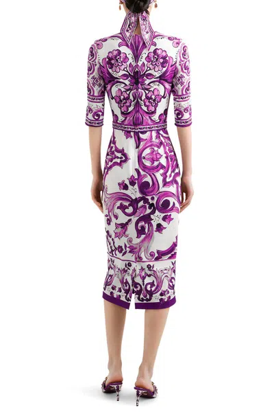 Dolce & Gabbana Violet Crewneck Dress With Rear Zip Closure And All-over Floral Print In Silk Stretch Woman In Purple